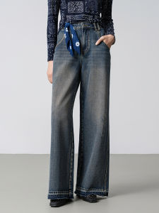 Pure Cotton Denim Pants with Plant-Dyed Scarf Wide Leg Autumn New Arrival Womens Jeans Natural Waist Long Pants
