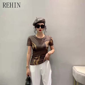 REHIN Womens T-shirts New Summer fashion mesh unique coffee color blocking printed short-sleeved T-shirt round-neck Slim thin elegant trend tops