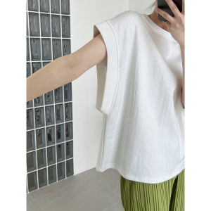 Right-Angle Shoulder Sleeveless T-Shirt Womens Summer Heavy Weight Pure Cotton Short Sleeve Loose Chic Unique Elegant Flying Sleeves Tops Trendy