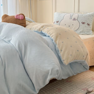 Thickened Milk Velvet Winter Warm Cute Cartoon Bedding Set Double Sided Flocking Bed Cover And Sheet Three Piece Set for Girls