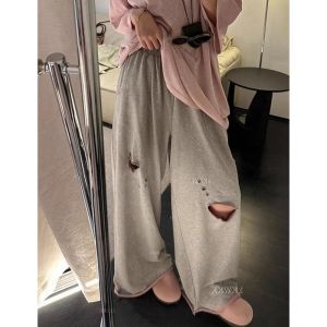 Extra Large 300 Pounds Ripped Cuffed Casual Sweatpants Mens Summer Thin Loose Drapey Straight Leg Wide Leg Pants