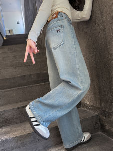 กางเกงขายาวทรงตรงสำหรับเด็กผู้หญิง กางเกงยีนส์ฤดูใบไม้ร่วง กางเกงขายาวทรงหลวมสบาย ๆ สำหรับนักเรียนมัธยมปลาย