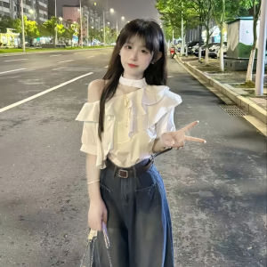CHENDAYU | Gentle Style Match Set Women Ruffled Off-shoulder Short Sleeve Blouse High Waist Wide Leg Jeans