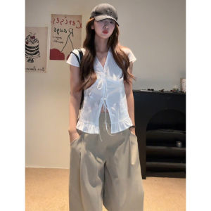 YUEZHONGWEI | French Style V-neck Lace Trim White Short Sleeve Shirt Womens Summer Slim Fit Short Length Belted Top Korean Version Commute Style