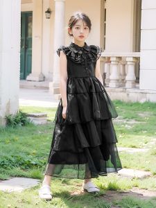 Adams Family Princess Dress Black Wednesday Girls Dress Large Size Halloween Childrens Costume Performance Outfit Cotton Polyester Blend