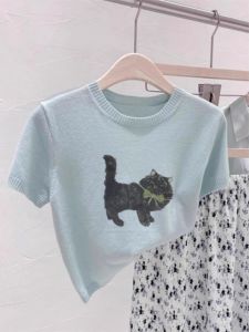 Light Blue Ice Silk Knitted Short Sleeve T-Shirt Womens New 2025 High Waist Short Length Summer Top Elegant Chic Style