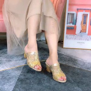 Summer Women Heeled Sandals Mesh Breathable Thick Sole Sandal With Sequins For Lady Korean Style Shiny Wedding Shoes