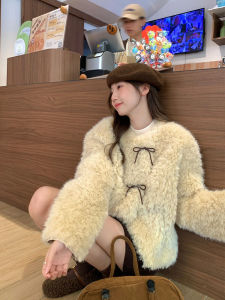 Áo Khoác Lông Cừu Dày Cho Nữ Thu Đông 2025 Mới Về Da Lông Kết Hợp Lông Cừu Mềm Mại Phong Cách Bà Ngoại Áo Khoác Ngoài Dài Tay Cổ Tròn