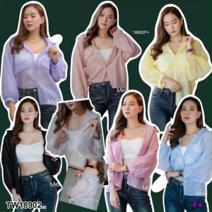 TW18902  เสื้อเชิ้ตคอป oversized เนื้อผ้าแก้วเกาหลี ..