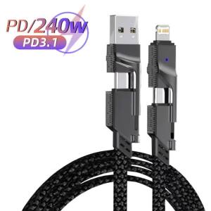 Black 4 in 1 Fast Charging Data Cable 240W Type-C PD Cable for iphone 16 Pro Max Samsung Xiaomi ipad Phone Data Cord