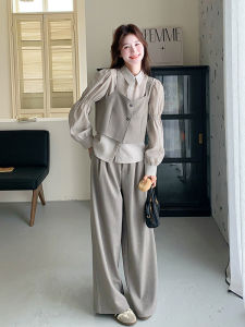 Gray Strapless Vest Wide Leg Pants Three Piece Set Womens Early Autumn 2025 New Korean Drama Style High End Feeling Set