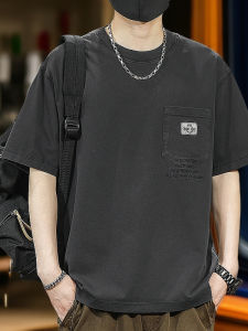 Retro American Heavyweight Stone Ground Washed Short Sleeve T-Shirt Mens Summer Loose Vintage Pocket Style Casual Top