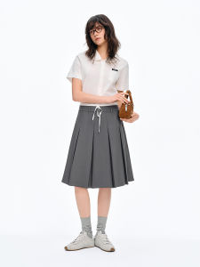 DUSHU | Slack Fabric Contrast Color Adjustable Waist Skater Pleated Skirt