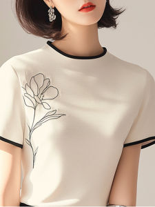 Unique High-End White Printed round Neck Short Sleeve T-Shirt Womens Summer New Fashion Versatile Beautiful Small Shirt