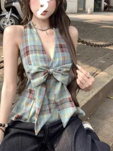 Áo Vest Ngắn Cổ Chữ V in Kẻ Caro Phong Cách Mỹ Cho Nữ Mùa Hè 2025 Thiết Kế Mới Có Nơ Bướm Thời Trang