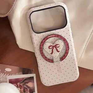 Potdemiel | Simple Red Polka Dot Fold Bowknot Love Heart Magnetic Holder Phone Case For iPhone 17 16 15 14 13 12 11 Pro Max Shockproof Cover