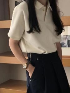 Stylish Shoulder Polo Collar White Short Sleeve T-Shirt Womens Summer Wear Casual Simple Korean Style Flab Hiding Half Sleeve Tops Fashion