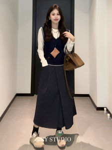 2025 New Womens Fashion Splice Long Sleeve T-Shirt Slim A-Line Midi Skirt Two-Piece Set Polyester Fiber Overhead Wear