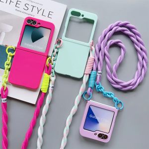 With Crossbody Lanyard Strap Slim Phone Case For Samsung Galaxy Z Flip 4 5 6 Flip6 Flip5 Flip4 Cute Candy Solid Protective Cover