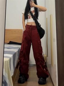 American High Street Multi-Pocket Work Pants Women Summer Straight Leg Floor-Length Wide Leg Red Street Dance Sports Casual Trousers