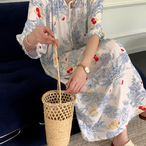 แฟชั่นฤดูร้อนผ้าฝ้ายผ้าไหมชุดลําลองสําหรับผู้หญิงพิมพ์ลายดอกไม้แขนสั้นความยาวกลางกระโปรงยาวชุดนอน