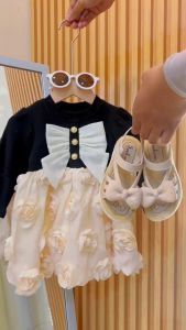 X BABY Dress Gaun Lengan Panjang Anak Perempuan Katun Polos O-Neck Pita Kancing Rok Bunga 3D Long Skirt Elegan Style