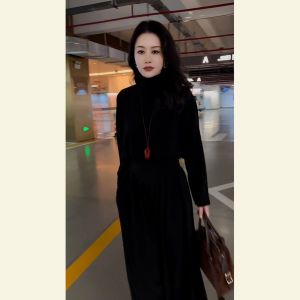SHANGSHA | Elegant and Graceful French Hepburn Style Black Fitted Long Dress