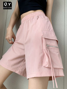 Half Length Cargo Pants Womens Summer Thin High Waist Petite Sports Pants Loose Slim Looking A- line Ice Silk Wide Leg Shorts