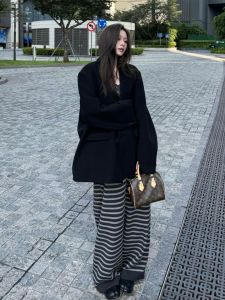 High Waist Wide Leg Striped Pants Womens Casual Knitted Long Trousers Autumn Winter New Style Lazy Fashion Ladies Pants