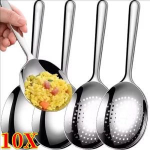 10/6pcs 410 Stainless Steel Ladles For Serving Soup&Rice / Large Size Dining Spoon with Drain Hole / Thickened Long Handle slotted spoons Kitchen Tableware