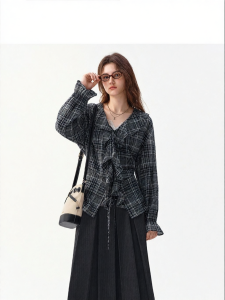 DUSHU | Flared Ruffled V-neck Plaid Shirt with Drawstring and Long Sleeves for Work Wear