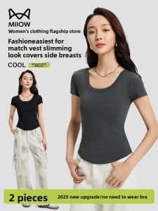 MiiOW | Cat Person 2025 Summer New Grey Slim Fit Short Sleeve U-Neck Lenzing Cotton Classic Versatile Womens T-Shirt Breathable Sweat Absorbent