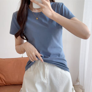 Blue Versatile Slim Fit round Neck Short Sleeve T-Shirt Summer New Style Pure Color Commute Style Womens Fashion Inner Wear