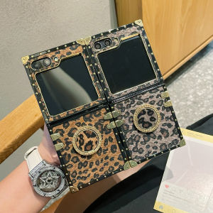 Luxury Leopard Print Plush Textured Phone Case for Samsung Galaxy Z Flip 8 6 5 4 3 Flip7 FE Glitter Ring Buckle Square Cover