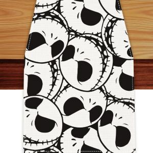 ผ้าปูโต๊ะลายหัวกะโหลกสไตล์โกธิคสำหรับตกแต่งบ้านช่วงฮาโลวีนและฤดูใบไม้ร่วง ของตกแต่งโต๊ะอาหารในครัว