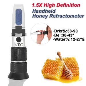 1.5X HD Handheld Honey Refractometer 58-90% Brix Sugar Concentration Meter 38-43% Baume Degrees 12-27% Water Contents Detector