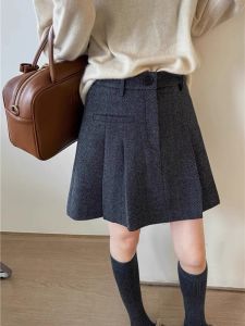Gray A-Line Mini Skirt Womens Suiting Pleated Thickened Woolen Short Skirts for plus Size Conceal Belly Slimming High Waist