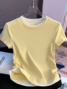 Shoulder Pure Cotton Fake Two Pieces Short Sleeve T-Shirt Female Summer 2024 New Arrival Fashionable Stylish Ruched Waist Trimming Short Tops