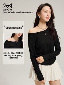 miiow | Cat Lady Shoulder T-Shirt Women Summer New Style Shoulder Bared Wide Collar Slim Long Sleeve High-End Feeling Spicy Girl Top