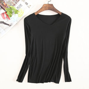 Seamless Modal round Neck Bottoming Shirt for Women Silm Slimming V-Neckline Inner Wear Blouse Long Sleeves Underwear Top Thin Plus Size T-shirt