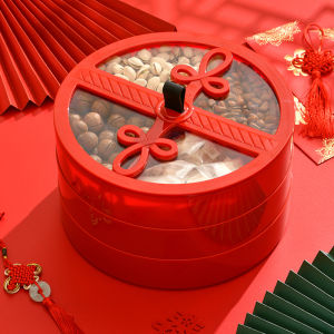 Accessible Luxury Chinese Knot Fruit Box New Year Snack Grid Dry Fruit Box Chinese Red round Fruit Plate Wedding Happiness Plate