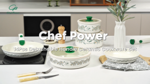 Chef Power 14Pcs Detachable Handle Ceramic Cookware Set Non‑Toxic Non‑Stick Nestable Pots Pans Oven Safe Induction Compatible for Condo Home Kitchen