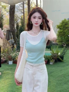 Korean Design Collision Color Block Short Sleeve T-Shirt Womens Fashionable Versatile Slimming Summer Top False Two-Piece