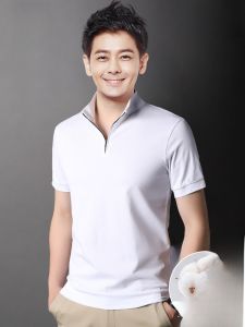 ROMON | Lomond Mens Half Zipper Polo Shirt Summer Thin Pure Cotton Short Sleeve Casual Stand Collar White Ice Silk Top Fashion Urban Business Casual