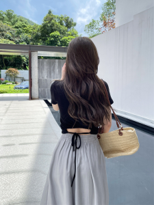 Korean Style Short Sleeve T-Shirt Womens Back Strap Hollow out Gentle Style Short Length Summer New Fashion Simple Casual Top