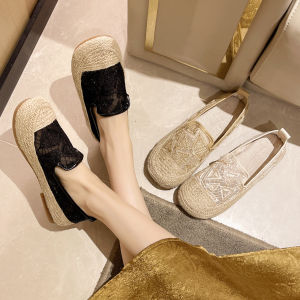 Fisherman Shoes Womens New Casual Linen Lace Stitching Single Shoes Womens Mid-mouth One Foot Pee Beanie Womens Shoes
