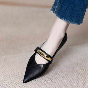 Ultra Soft Lamb Skin Mary Janes Womens Shoes Pointed Toe Buckle Slimming Fashion Korean Style Slip-On Low Heel Rubber Sole
