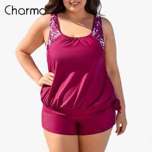 Charmo Plus Size Two Piece Tankini Swimsuits for Women Blouson Plus Size Tankini Top with Swim Shorts and Pockets
