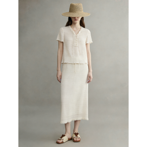 GULILI | V-Neck Tie White Texture Shortsleeve Skirt Set