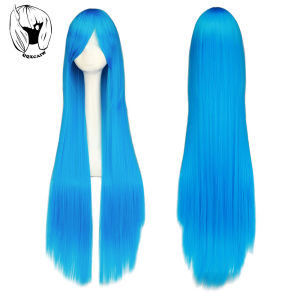 QQXCAIW Cosplay 100cm Long Blue Synthetic Hair Wigs Halloween Anime Costume Straight Heat Resistant Wig